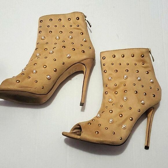 ShuShop Boho Neutral Pearl Beaded Open Toe Funky High Heel Booties Party - Picture 4 of 9